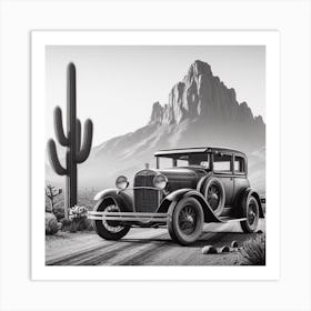 Retro Ride: A Cool and Chic Black and White Photograph of a Vintage Car on a Desert Road Art Print