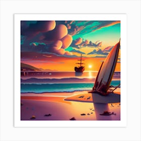 Beach scene, sailing ship in the middle of the sea Art Print