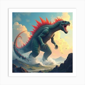 Titan Monster Roaring Amidst A Colorful Watercolor Sky 1 Art Print