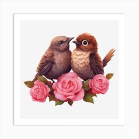Birds On Roses Art Print
