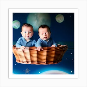 Babies in basket in space  Art Print