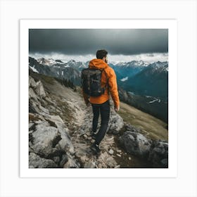 Backpacker Hiking In The Mountains Art Print