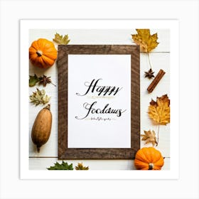 Calligraphy Tableau Featuring An Acorn Nestled Among Fall Leaves Hand Drawn Script Greeting Happy (6) Art Print