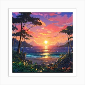Tranquil Sunset Over Tropical Beach With Lush Vegetation and Calm Ocean Waves 1 Art Print