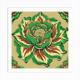 Vintage Style Green And Orange Floral Pattern Art Print