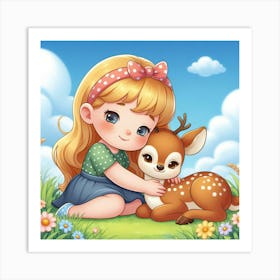 Cute Little Girl Hugging A Deer 1 Art Print