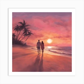Couple Walking On The Beach At Sunset Art Print