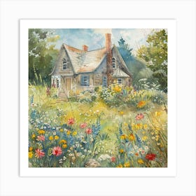 The Little Old Farmhouse Watercolor Painting | Wildflowers Americana Idyllic Art Prints | Flowers Botanical Dreamy Perfect Nostalgia Art Print