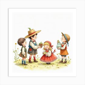 Romanians And English Children Celebrating Cultural Festivals, Watercolor Style 1 Art Print