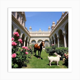 Horse And Rabbit In The Courtyard Art Print