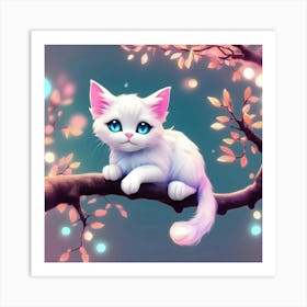 White Cat On A Tree Branch Art Print