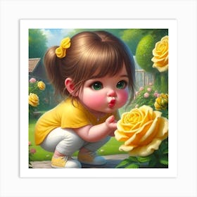 Little Girl Kissing Yellow Roses Art Print