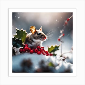 Mouse in the Snow with Holly and Red Berries Art Print