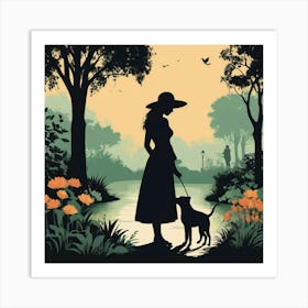 Woman Walking Dog In The Park Art Print