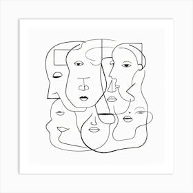 Abstract Faces Art, Black and white. White background 5 Art Print