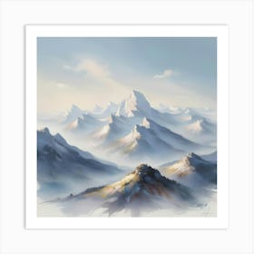 A Sweeping, Dreamy Impressionist Style Illustration Of A Majestic Mountain Range, With Gentle, Feathery Brushstrokes And Vivid, Expressive Colors, Set Against A Soft, Gradient Blue Sky With A Few Wispy Clouds, Featuring A Broad Aspect (1) Art Print