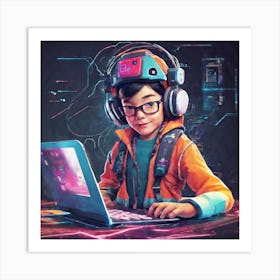 Boy With Headphones And A Laptop Art Print