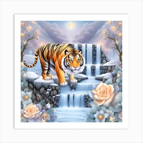 Tiger And Waterfall 7 Art Print