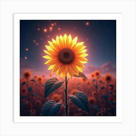 A Radiant Sunflower With Petals Like Flowing, Neon Light In A Surreal, Cosmic Field Art Print