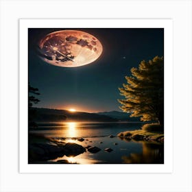 Full Moon Over Lake Art Print