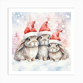 Pastel Pink Watercolor Rabbits Donning Santa Hats Cuddling With A Soft Watercolor Background Of Sno Art Print