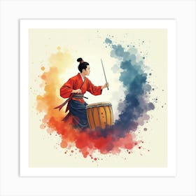 Traditional Japanese Drum Performance, Vibrant And Rhythmic Watercolor Strokes 1 Art Print