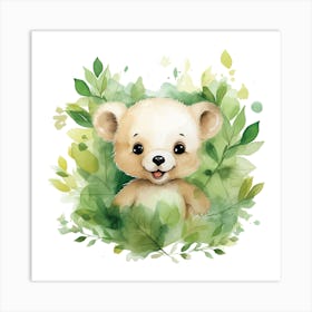 Watercolor Teddy Bear With Leaves Art Print