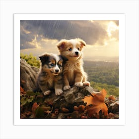 Two Puppies In The Rain Art Print