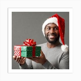 Happy African American Man With Christmas Gift 2 Art Print