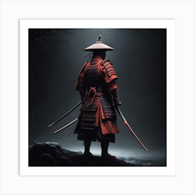 Lonely Japanese Red Samurai Warrior Stand In Dark Art 1 Art Print