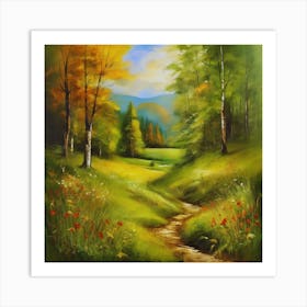 Landscape Painting.Canada's forests. Dirt path. Spring flowers. Forest trees. Artwork. Oil on canvas. 1 Art Print