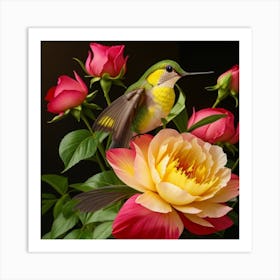 Hummingbird With Roses Art Print