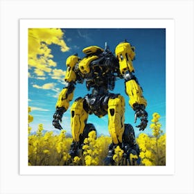 Robot In A Field Of Yellow Flowers 2 Art Print