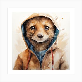 Watercolour Cartoon Mongoose In A Hoodie Art Print