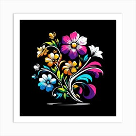 Colorful Floral Design On Black Background Art Print