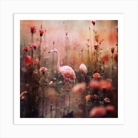 Pink Flamingos In A Flower Field Art Print