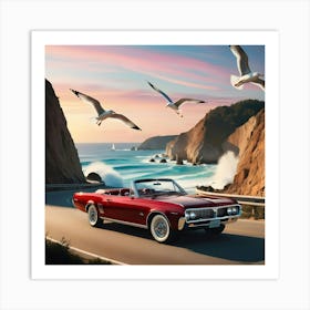 An Image Of A Vintage Red Convertible Driving Along A Winding Coastal Road At Sunset, With The Ocean Waves Crashing Against Rugged Cliffs And Seagulls Soaring In The Sky 2 Art Print