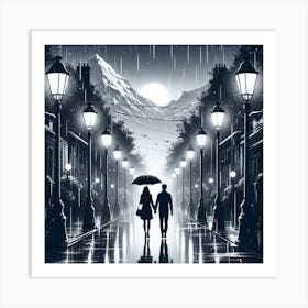 Couple Walking In The Rain Art Print