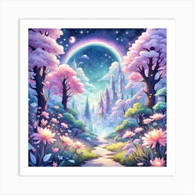 A Fantasy Forest With Twinkling Stars In Pastel Tone Square Composition 113 Art Print