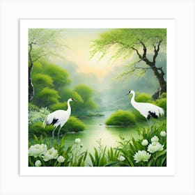 Two Cranes By The River Art Print