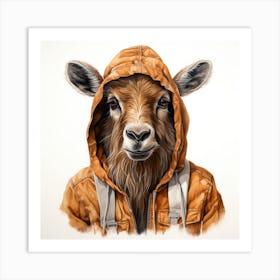 Watercolour Cartoon Tahr In A Hoodie 1 Art Print