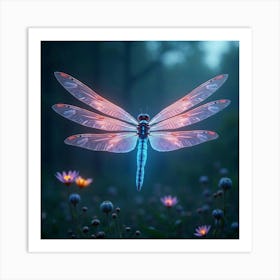 A Radiant Dragonfly With Wings Of Pulsating, Neon Light Hovering Over A Dreamlike Meadow Art Print