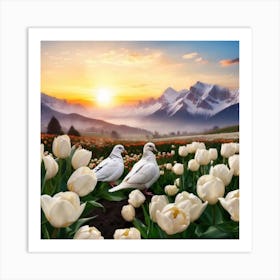 Doves In White Tulips Art Print