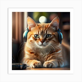 Cat With Headphones Art Print