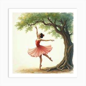 Graceful Ballet In Watercolor With Ancient Tree Background 1 Art Print