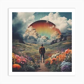 Man Walking Through A Field Of Flowers Art Print