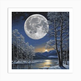 Full Moon Over Lake Art Print