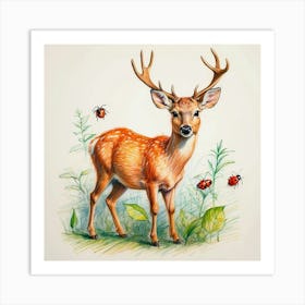 Deer And Ladybugs Art Print