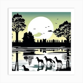Silhouettes Of Animals By The Water Art Print
