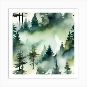 Appalachian Mountains of Misty Pines Watercolor Print of Evergreen Forest..374 Art Print